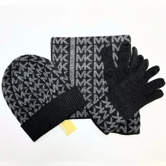 Michael Kors Accessories - Michael Kors Black & Gray Scarf, Hat, Gloves Boxed Gift Set